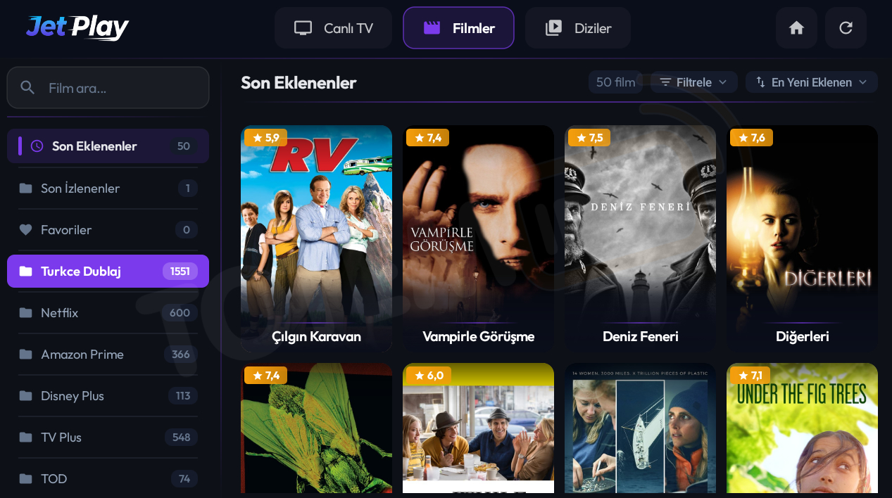JetPlay filmler ekranı